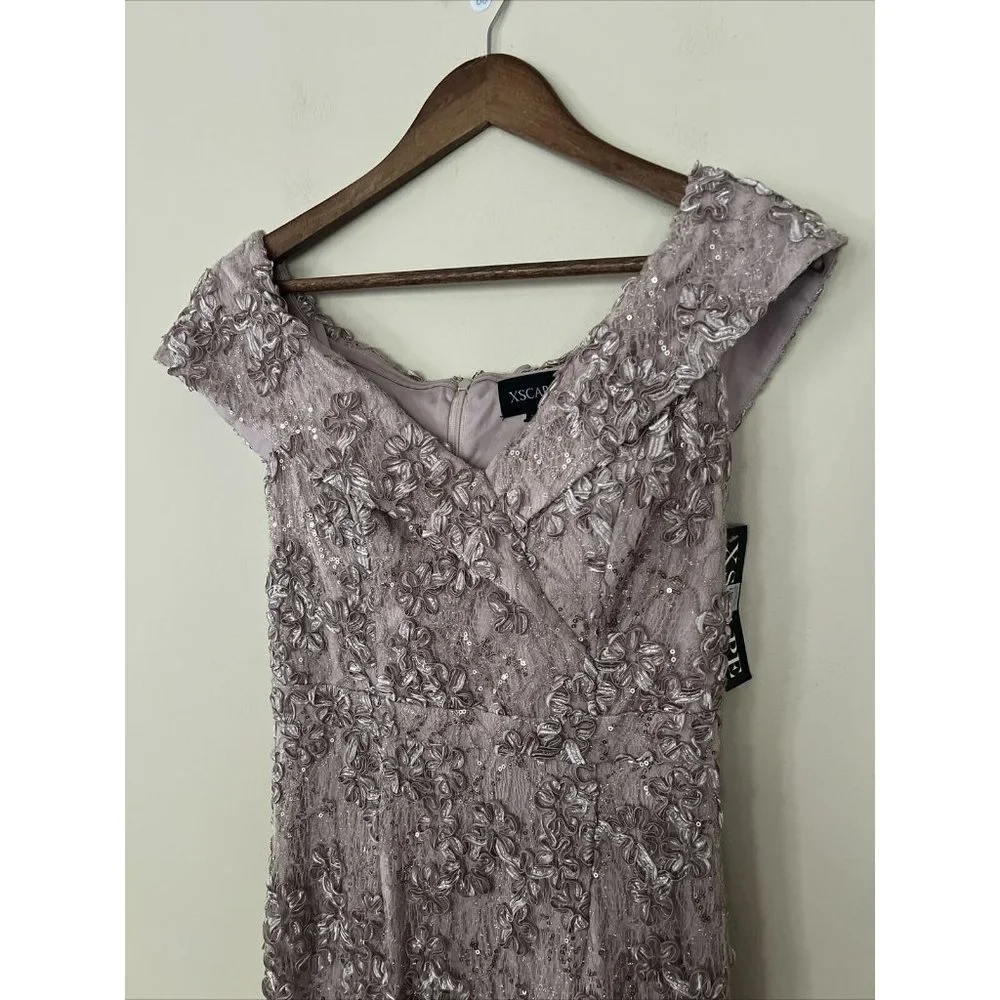 Xscape Womens Sz 4 Taupe Off the Shoulder Embroidered Lace Long Gown Dress - Picture 8 of 14